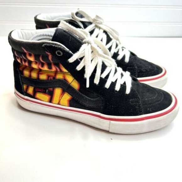 Vans X Thrasher Sk8 Hi Pro Black Men’s Size 7 Suede Flames - Picture 1 of 11